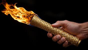 Holding a torch with flames in darkness. A hand grasps an ornate torch that emits vibrant flames, illuminating the dark surroundings with warm light. photo