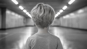 Child standing in an empty corridor. A child with short hair stands alone in a vast, empty corridor with dim lighting, creating a quiet atmosphere. photo