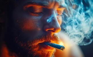 Man exhaling smoke in dimly lit room. A man with a beard quietly exhales smoke while holding a rolled paper, illuminated by warm light. photo