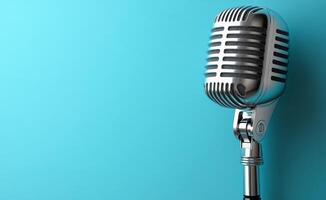 Classic microphone against blue backdrop. A vintage-style microphone stands on a silver stand in front of a solid blue background, emphasizing its design. photo