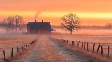 Sunrise over farmhouse. A charming red farmhouse basks in the warm glow of sunrise, surrounded by misty fields and a tranquil atmosphere. photo