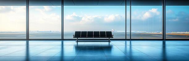 Viewing area in airport lounge. A modern waiting area features empty seats and a panoramic view of the runway under a blue sky. photo