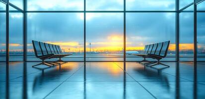 Waiting area with sunset view at airport. Two rows of empty benches reflect colors of the sunset through large glass windows at an airport terminal. photo