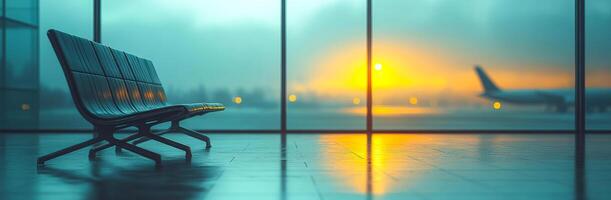 Airport sunrise, empty bench. A quiet airport terminal features an empty bench and a sunrise visible through large windows, with a plane in view. photo