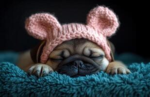 Cute pug puppy wearing a pink hat. A pug puppy sleeps peacefully on a cozy blanket while wearing a pink knitted hat with ears. photo