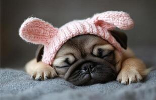 Cute pug puppy sleeping in bunny hat. A small pug puppy peacefully sleeps while wearing a soft pink bunny hat, resting on a cozy gray blanket. photo