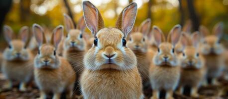 Curious rabbits in the forest. A gathering of rabbits stands alert in a forest, surrounded by trees and autumn foliage, during a sunny day. photo