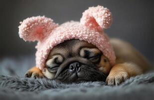 Pug puppy resting in a cute pink hat. A pug puppy peacefully sleeps while wearing a fluffy pink hat with bunny ears, lying on a soft surface. photo