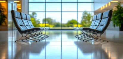 Modern waiting area with sleek seating. Spacious waiting area with modern chairs facing a large glass window overlooking greenery and bright sunlight. photo