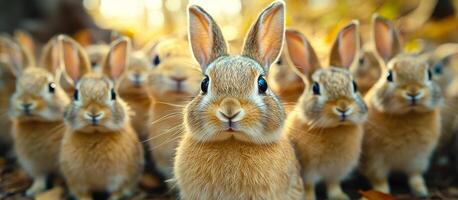 Rabbits in a sunny clearing. A group of curious rabbits stands together in a sunlit forest, surrounded by autumn leaves, displaying their soft fur. photo