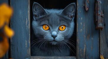Grey cat looking through wooden frame. A curious grey cat with vivid orange eyes peers through a rustic wooden frame adorned with fall-colored foliage. photo