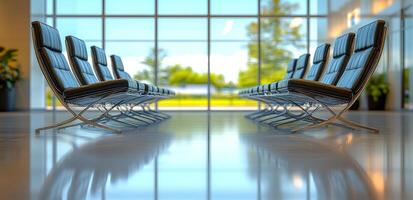 Modern waiting area with sleek seating. Bright, spacious waiting area with stylish chairs and large windows for plenty of natural light. photo