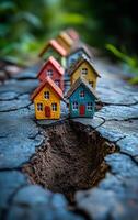 Tiny houses on cracked earth. Colorful miniature houses are lined up along a deep crack in the ground surrounded by greenery and natural light. photo