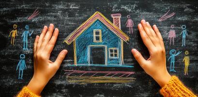 Hands creating a colorful chalk drawing. Two hands are drawing a blue house with colorful chalk on a blackboard, surrounded by stick figures of people. photo