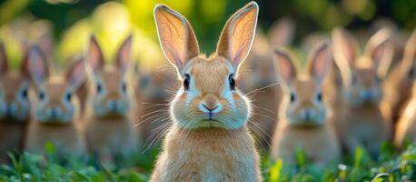 Cute rabbits gathered in a sunny field. A group of fluffy rabbits gathers in a sunny green field, showing off their curious expressions. photo