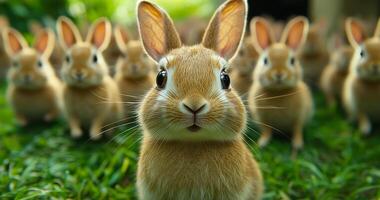 Curious rabbits gather on green grass. A group of small rabbits sits close together on lush green grass, with one rabbit noticeably curious and attentive. photo