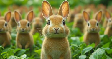 Rabbits gathered in a lush green field. A group of curious rabbits explores a vibrant green field filled with fresh plants during daylight. photo