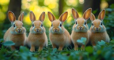 Rabbits in a sunny forest. Five playful rabbits are sitting together on green grass in a bright forest, enjoying a sunny day surrounded by nature. photo