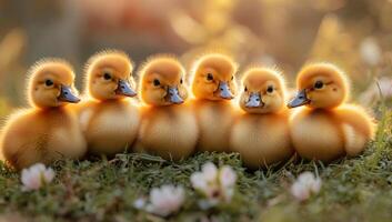 Rows of cute ducklings outside. Six fluffy yellow ducklings are lined up on grass, basking in warm sunlight surrounded by flowers in spring. photo