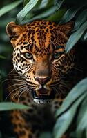 Jaguar lurking among green foliage. A jaguar with striking spots emerges from dense greenery, showcasing its fierce gaze and powerful presence. photo
