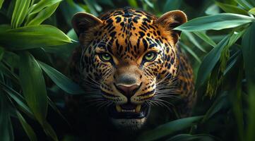 Jaguar stalks thick jungle. A majestic jaguar stealthily moves through thick green vegetation, displaying its powerful presence and keen gaze. photo