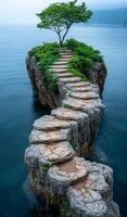 Pathway to serenity on a coastal island. A rocky pathway leads to a solitary tree surrounded by calm waters, creating a serene coastal escape at sunset. photo
