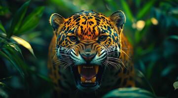 Jaguar growls in the jungle. A majestic jaguar displays its fierce expression while surrounded by lush green foliage in a vibrant jungle. photo