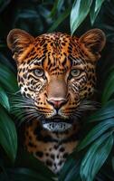 Majestic leopard gazing through foliage. A leopard peers through green leaves in a tropical setting, displaying its vibrant coat and keen eyes. photo