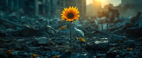 Sunflower in a lost landscape. A vibrant sunflower stands alone amidst rubble, reflecting resilience in a desolate environment during sunset. photo