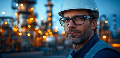 Worker at an industrial site. A focused worker stands in front of an industrial facility, illuminated by glowing lights in the twilight sky. photo