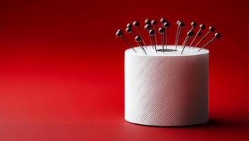 Decor with sewing pins and fabric. Sewing pins arranged on fabric atop a vibrant red surface showcase intricate craftsmanship. photo
