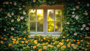 Beautiful flower-filled window in garden. Soft sunlight filters through a window surrounded by vibrant flowers and lush greenery, creating a serene atmosphere. photo