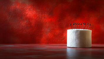 Pins on paper roll, red bg. A paper roll sits on a table with black pins arranged on top, contrasting against a vibrant red backdrop. photo