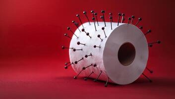 Creative display of a pinned paper roll. A roll of paper with pins protruding is placed against a vibrant red background, showcasing an artistic concept. photo