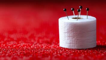 Pin-topped cotton roll on texture. A close-up of a cotton roll with several black-tipped pins inserted, resting on a vibrant red textured background. photo