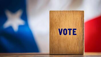 Vote block in front of a flag background. A wooden block with vote stands out before a flag, symbolizing civic engagement and democracy. photo