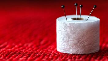 Thread roll pin holder. A roll of thread sits on a textured red fabric, with sewing pins inserted into the top. photo