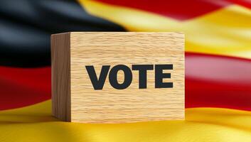 Vote box against German flag background. A wooden vote box is displayed prominently in front of the German flag, emphasizing the importance of voting. photo