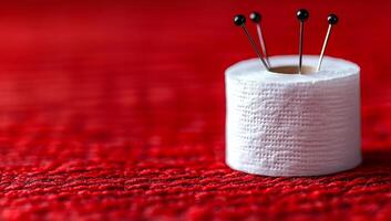 Fabric roll with pins on red. A small roll of white fabric sits on a vibrant red surface, with sewing pins inserted into it, ready for crafting. photo