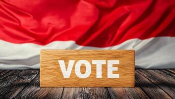 Promoting voting participation. A wooden block inscribed with the word vote is placed on a wooden table in front of a waving flag in the background. photo