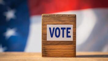 Boosting civic voting. A wooden block reading 'vote' stands by an American flag, symbolizing the importance of democratic participation. photo