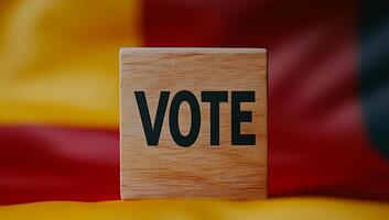 Vote message wood block. A wooden block displaying the word vote sits in front of a colorful flag, emphasizing civic engagement and democracy. photo