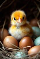 Chick hatching in colorful nest. A yellow chick sits surrounded by variously colored eggs in a cozy nest, showcasing nature's beauty and new life. photo