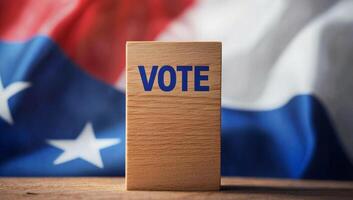 Importance of voting during elections. A wooden block with the word vote stands prominently in front of a flag, emphasizing civic duty during elections. photo