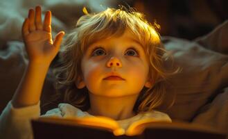 Child's wonder during storytime. A young child gazes upward with curiosity, illuminated by warm light while holding a book. photo