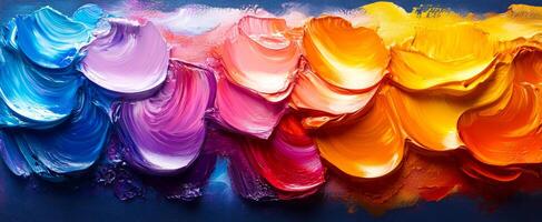 Colorful abstract paint swirl on canvas. Swirls of purple, pink, orange, and yellow form an abstract design on a deep blue background. photo
