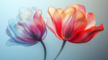 Vibrant floral display with soft colors. Two translucent flowers, one red and one blue, showcase gentle hues, creating a serene and captivating atmosphere. photo