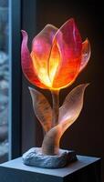 Vibrant floral lamp design. A flower-shaped lamp glows warmly in orange and pink, displayed indoors against a dark background. photo