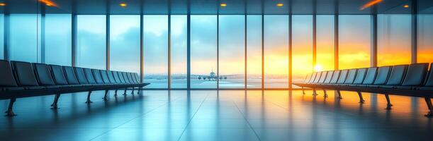 Airport sunset view. Airport terminal features empty seating with a sunset view outside the large glass windows, displaying serene skies. photo