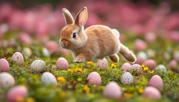 Bunny hops by Easter eggs. A lively rabbit leaps through a field adorned with vibrant Easter eggs and blooming flowers during springtime. photo